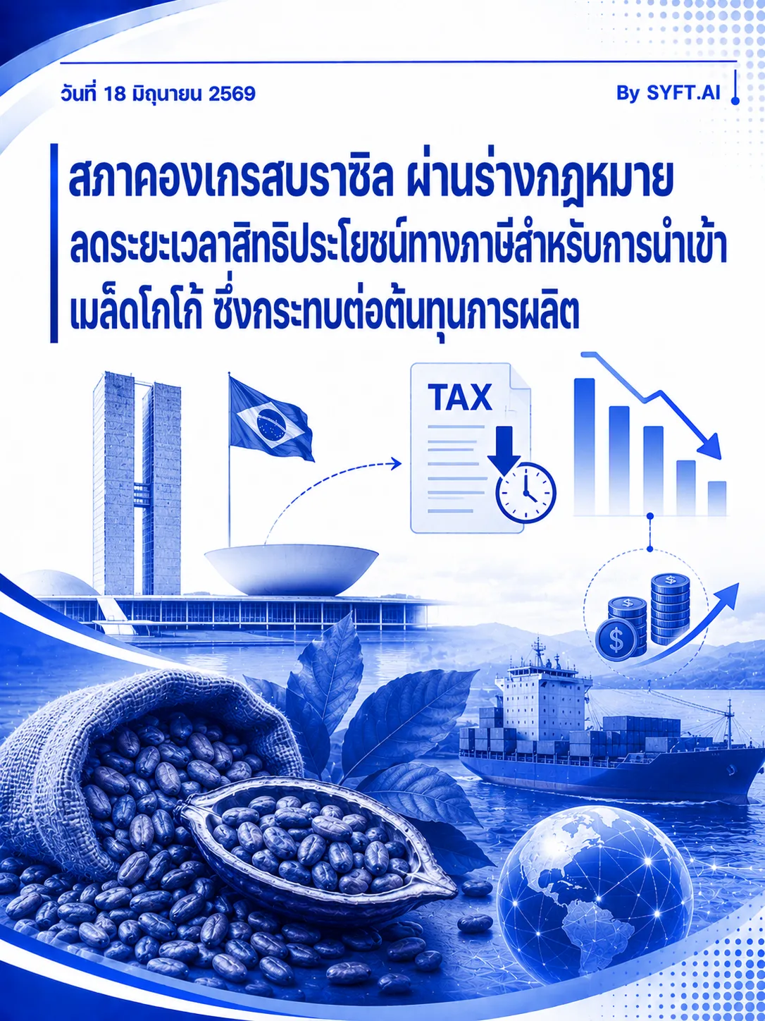 สภาคองเกรสบราซิล ผ่านร่างกฎหมาย  ลดระยะเวลาสิทธิประโยชน์ทางภาษีสำหรับการนำเข้า  เมล็ดโกโก้ ซึ่งกระทบต่อต้นทุนการผลิต